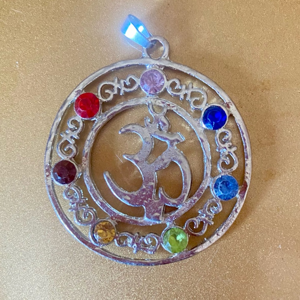 Ohm yoga symbol with 7 charka stone colors on silver pendent large necklace